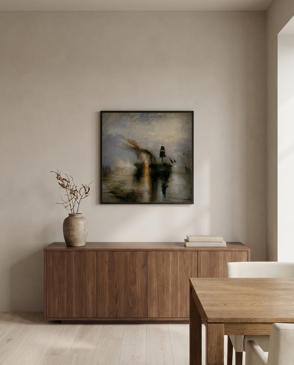 Peace – Burial at Sea by J. M. W. Turner in a black frame above a walnut sideboard in a dining room