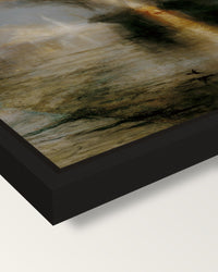 Peace – Burial at Sea by Turner framed canvas, corner close-up: a black floating frame with a shadow gap round the canvas