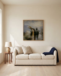 Peace – Burial at Sea by J. M. W. Turner framed in natural oak above a cream sofa in a warm living room