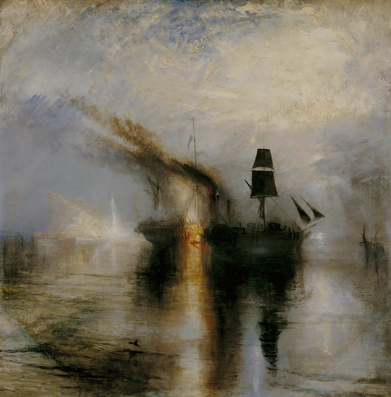 Peace – Burial at Sea by J. M. W. Turner: a dark ship with black sails on a pale silvery sea, a flare of light beside it