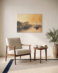 Petworth: Dewy Morning by J. M. W. Turner as a stretched canvas above a linen lounge chair in a reading corner