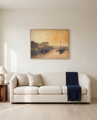 Petworth: Dewy Morning by J. M. W. Turner framed in natural oak above a cream sofa in a warm living room
