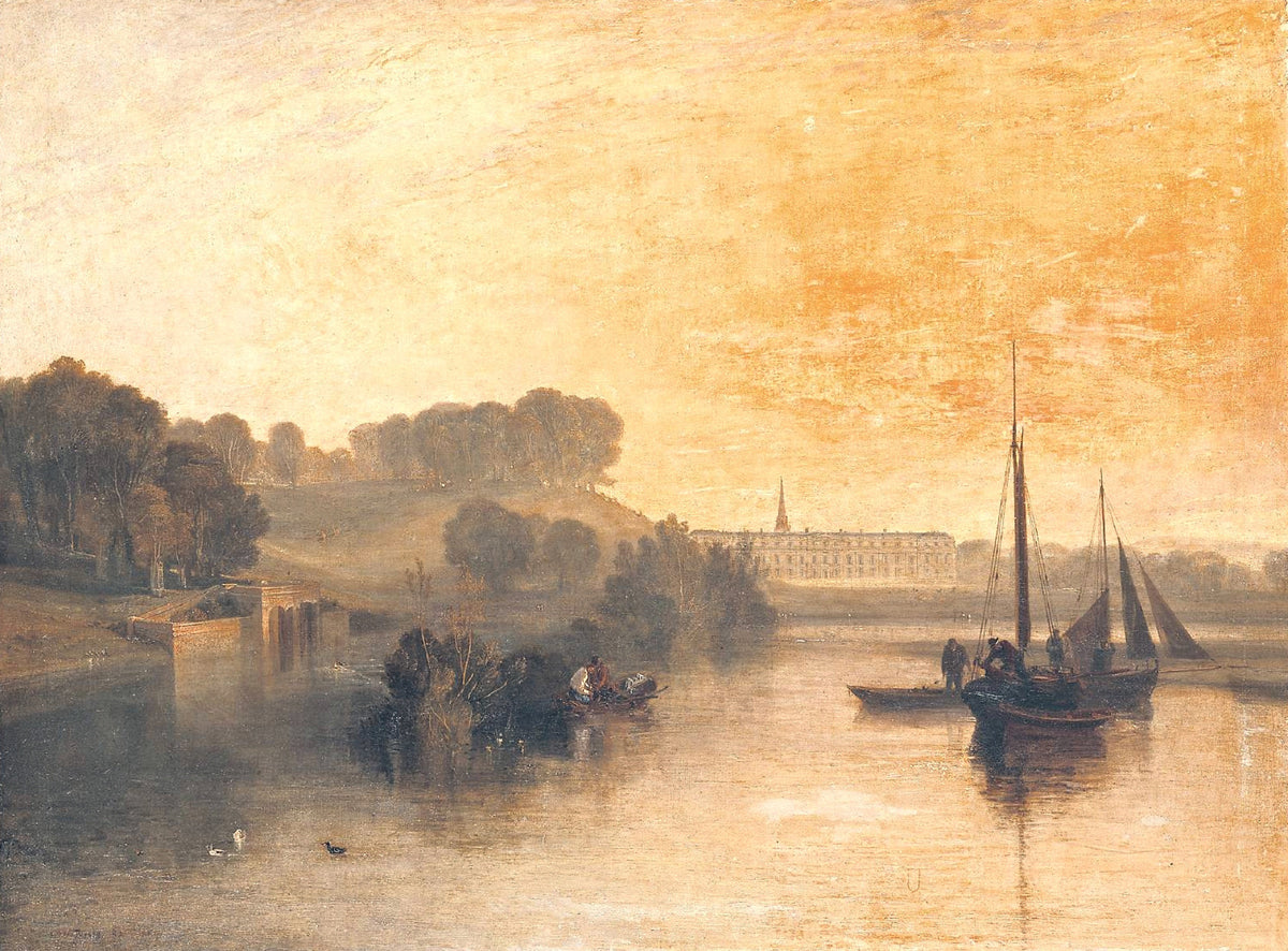 Petworth, Dewy Morning by Turner: a long house beyond a misty lake at dawn, boats on the water, golden sky