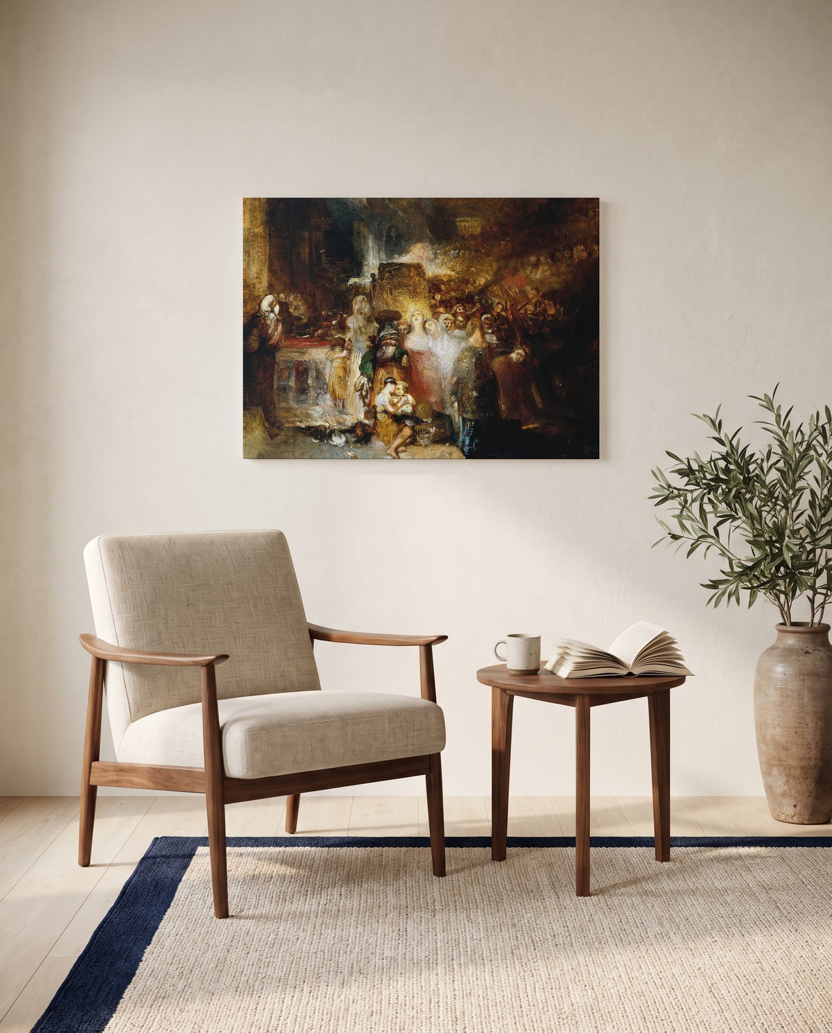 Pilate Washing his Hands by J. M. W. Turner as a stretched canvas above a linen lounge chair in a reading corner