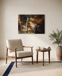Pilate Washing his Hands by J. M. W. Turner as a stretched canvas above a linen lounge chair in a reading corner