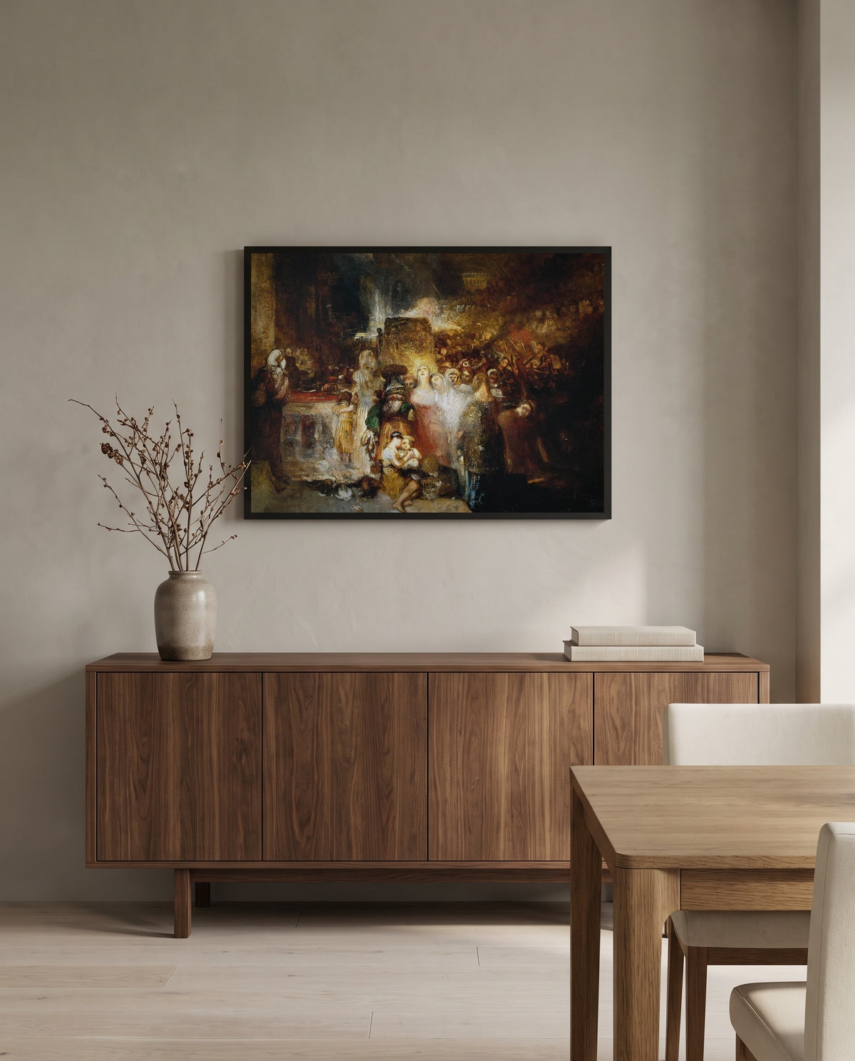 Pilate Washing his Hands by J. M. W. Turner in a black frame above a walnut sideboard in a dining room