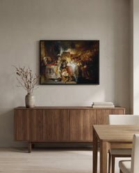 Pilate Washing his Hands by J. M. W. Turner in a black frame above a walnut sideboard in a dining room