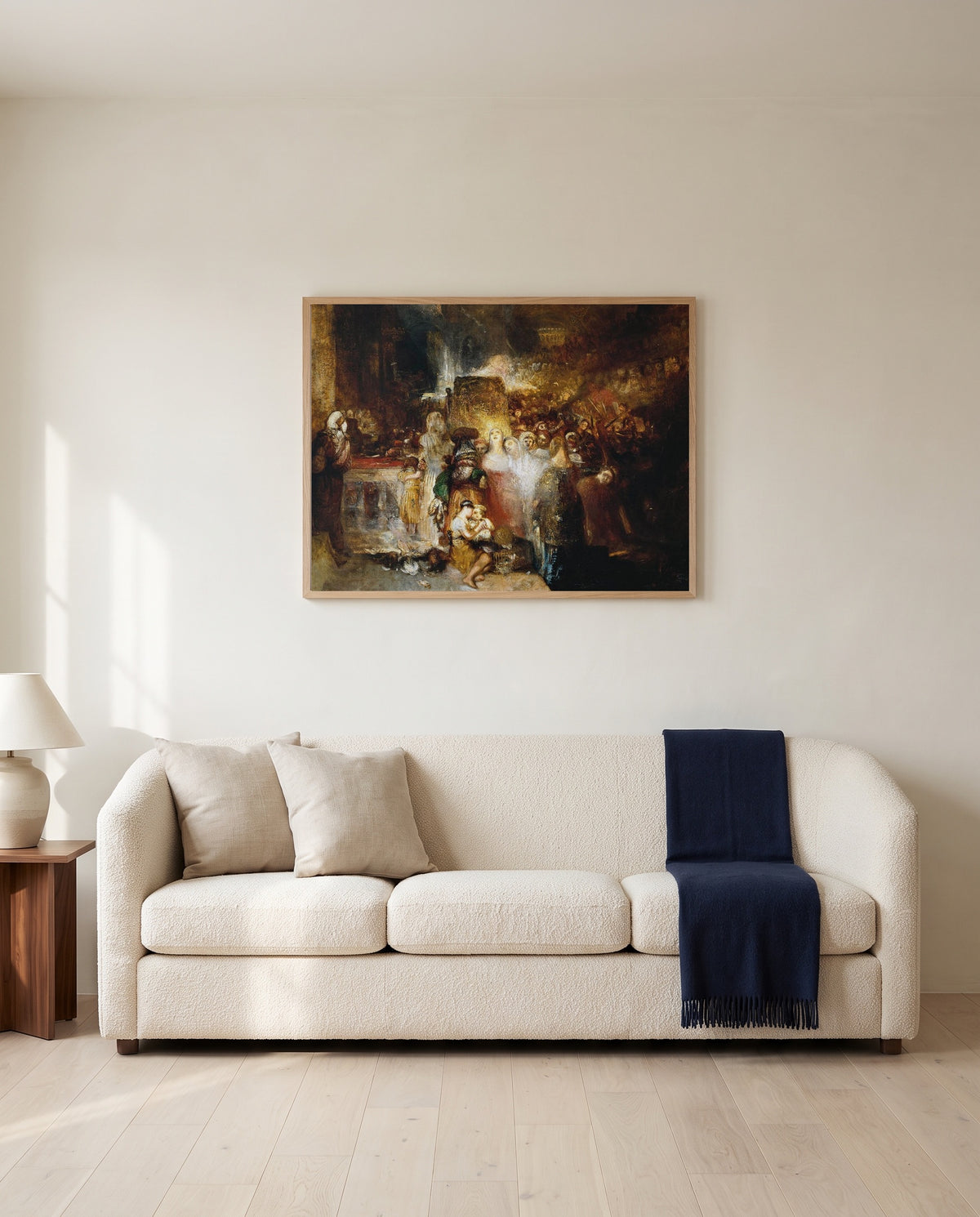 Pilate Washing his Hands by J. M. W. Turner framed in natural oak above a cream sofa in a warm living room