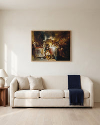 Pilate Washing his Hands by J. M. W. Turner framed in natural oak above a cream sofa in a warm living room