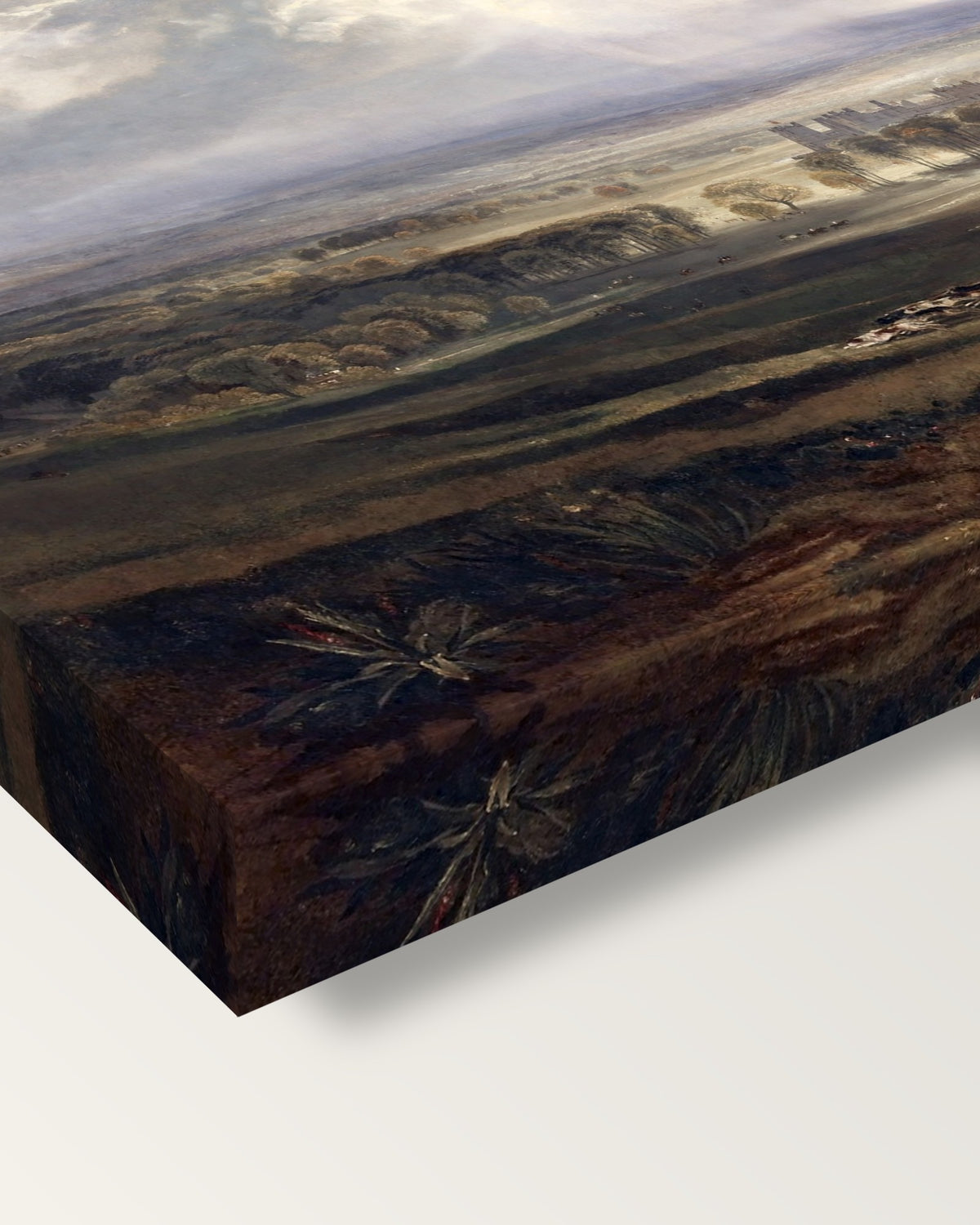 Raby Castle by J. M. W. Turner on stretched canvas, corner close-up: the painting mirror-wrapped round the sides