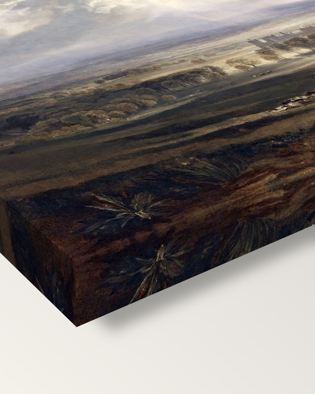 Raby Castle by J. M. W. Turner on stretched canvas, corner close-up: the painting mirror-wrapped round the sides