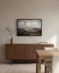 Raby Castle by J. M. W. Turner in a black frame above a walnut sideboard in a dining room