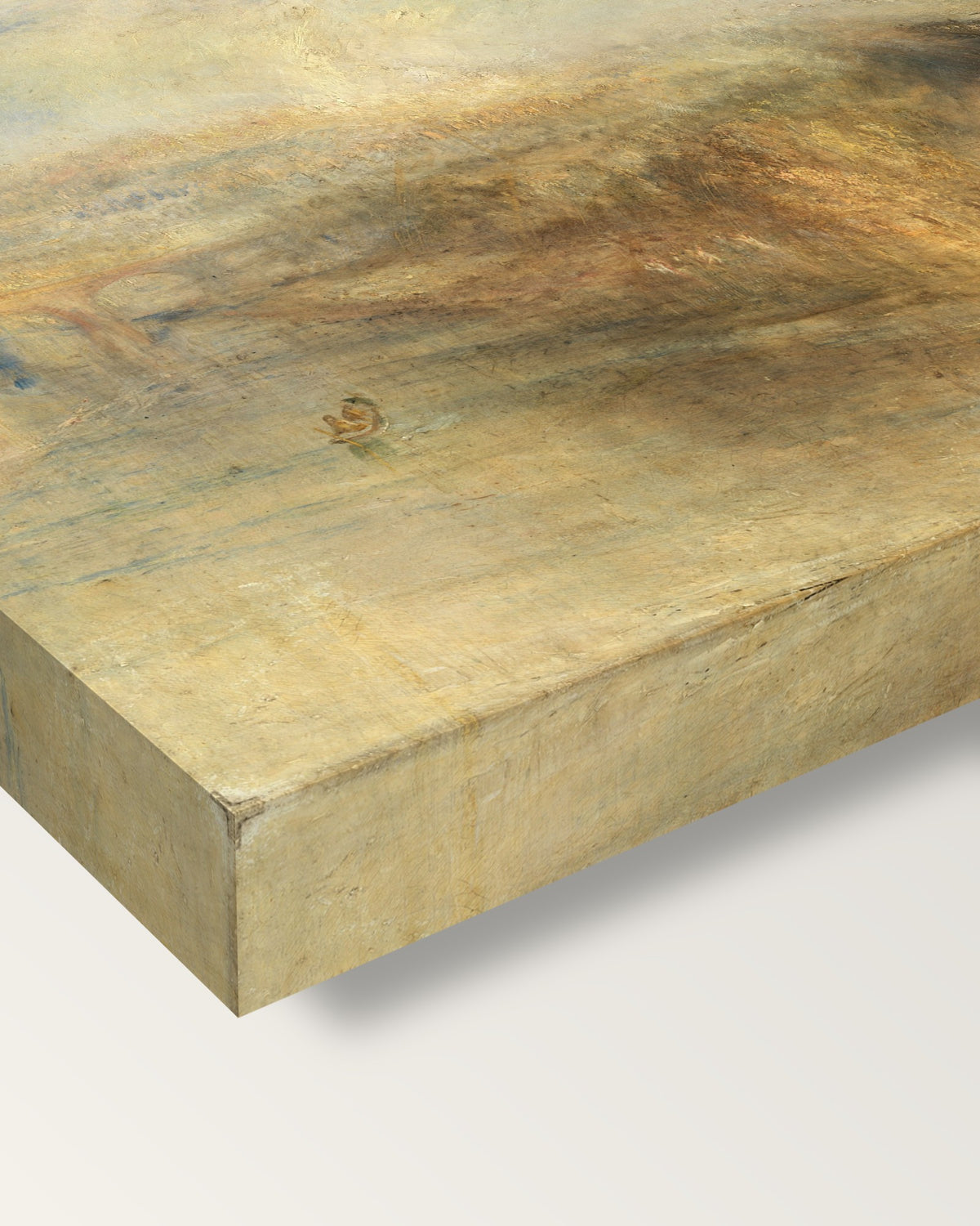 Rain, Steam and Speed by J. M. W. Turner on stretched canvas, corner close-up: the painting mirror-wrapped round the sides