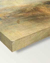 Rain, Steam and Speed by J. M. W. Turner on stretched canvas, corner close-up: the painting mirror-wrapped round the sides