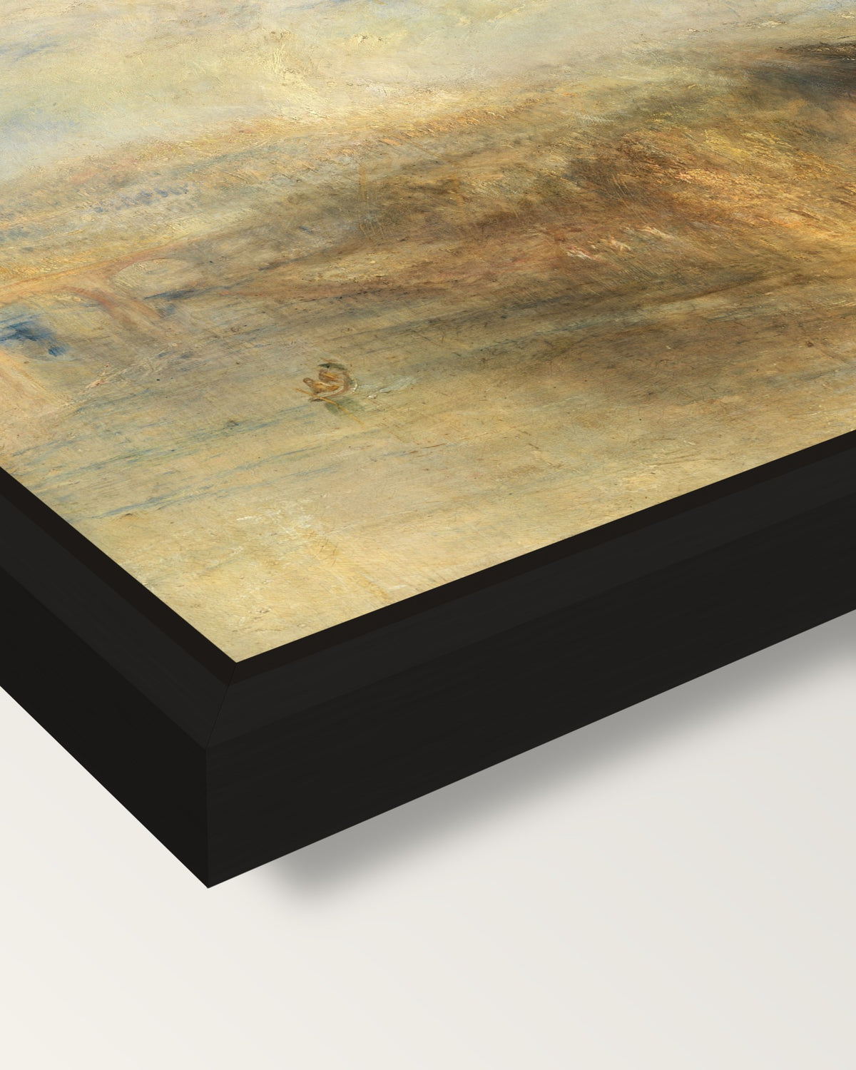 Rain, Steam and Speed by Turner framed canvas, corner close-up: a black floating frame with a shadow gap round the canvas
