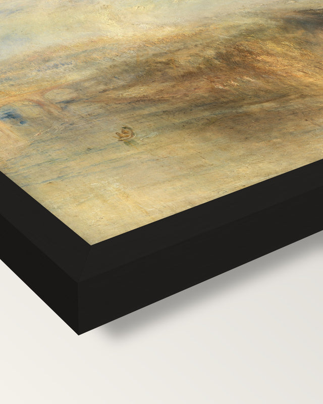 Rain, Steam and Speed by Turner framed print, corner close-up: black moulding, mitred, the print set just below its edge