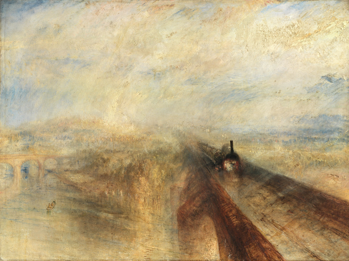 Rain, Steam and Speed by Turner: a dark steam train crossing a bridge toward us through golden rain and mist