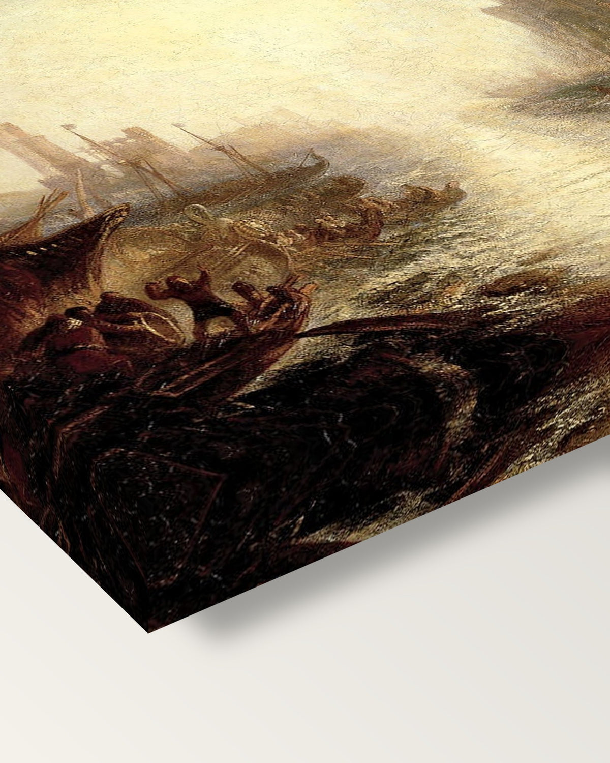 Regulus by J. M. W. Turner on stretched canvas, corner close-up: the painting mirror-wrapped round the sides