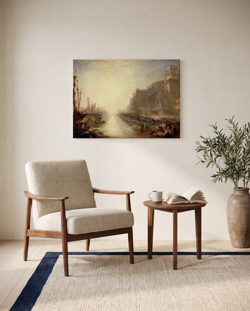 Regulus by J. M. W. Turner as a stretched canvas above a linen lounge chair in a reading corner