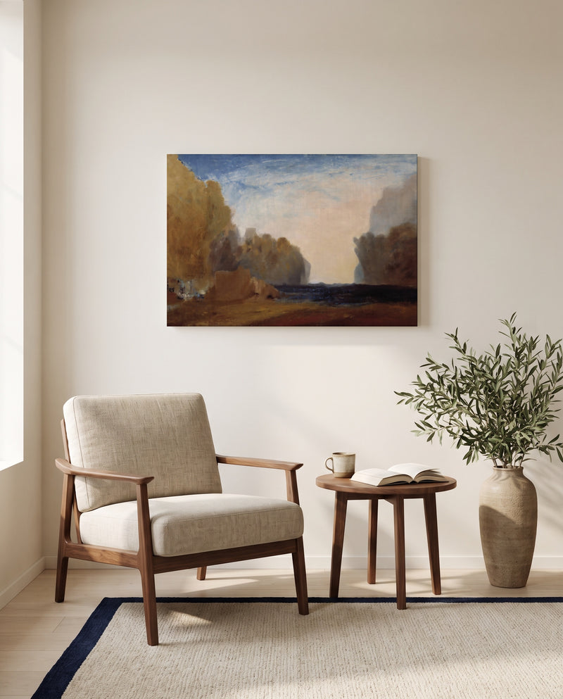 Rocky Bay by J. M. W. Turner as a stretched canvas above a linen lounge chair in a reading corner