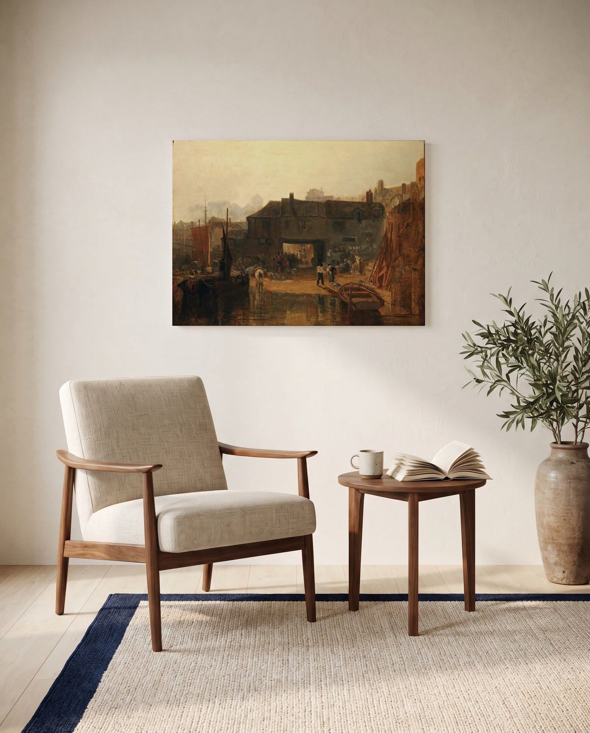 Saltash with the Water Ferry by J. M. W. Turner as a stretched canvas above a linen lounge chair in a reading corner
