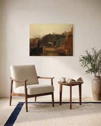 Saltash with the Water Ferry by J. M. W. Turner as a stretched canvas above a linen lounge chair in a reading corner