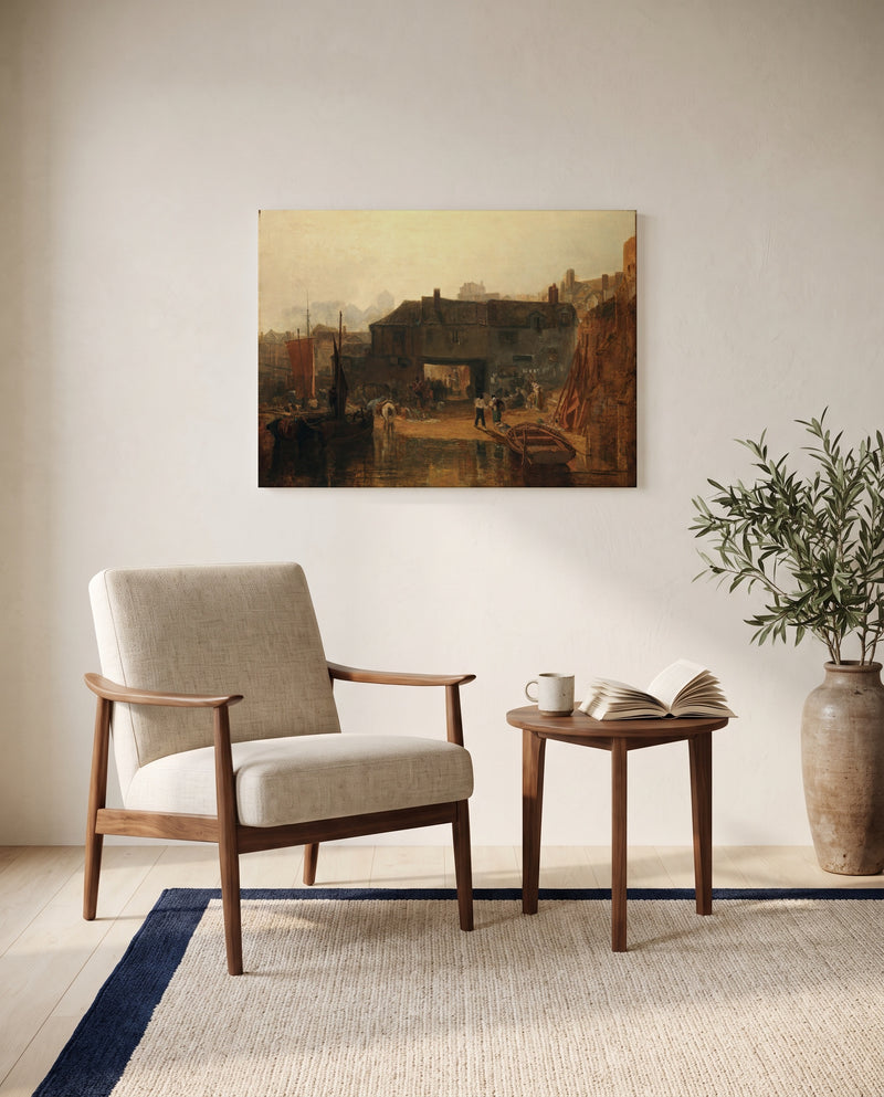 Saltash with the Water Ferry by J. M. W. Turner as a stretched canvas above a linen lounge chair in a reading corner