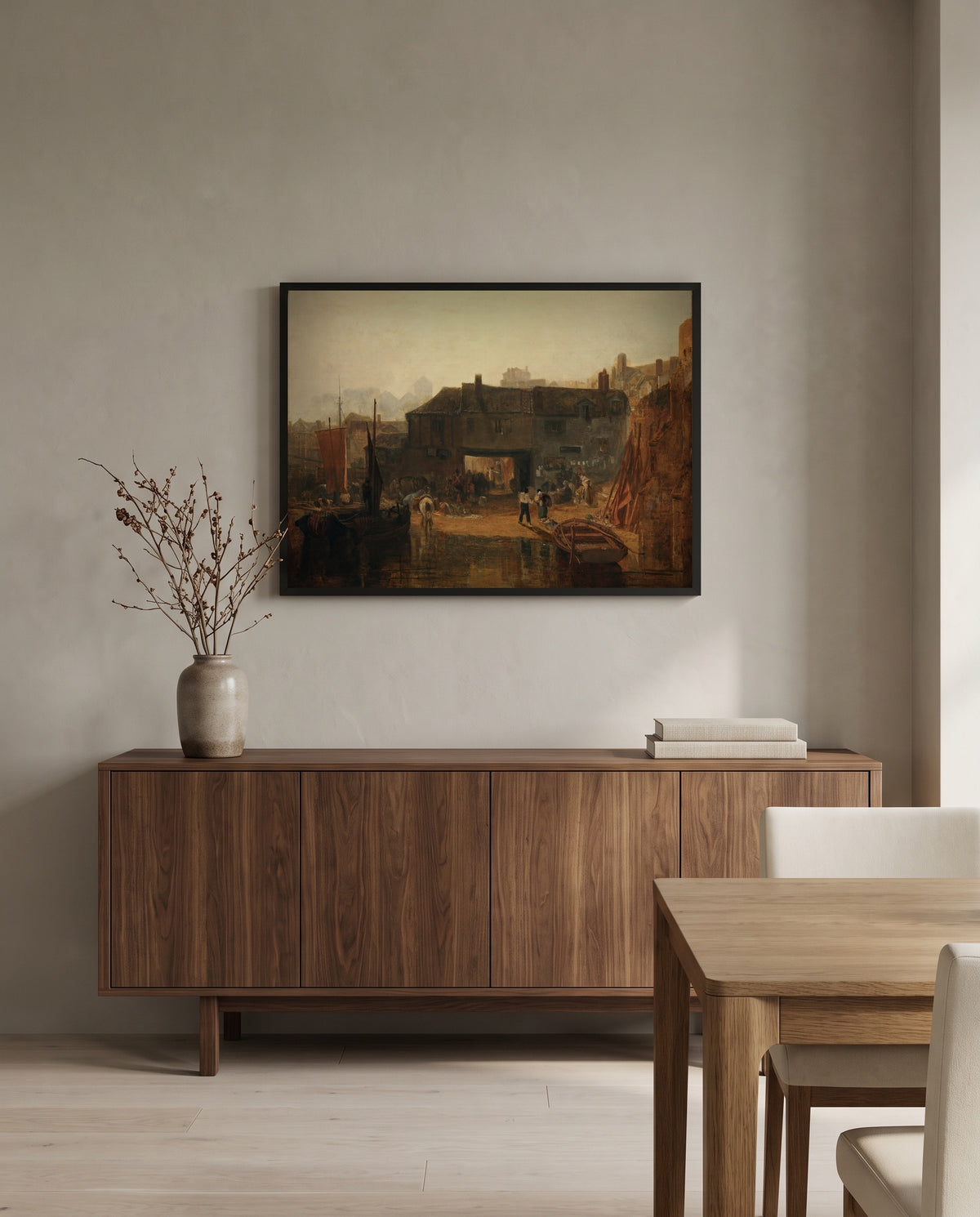 Saltash with the Water Ferry by J. M. W. Turner in a black frame above a walnut sideboard in a dining room