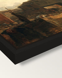 Saltash with the Water Ferry framed canvas, corner close-up: a black floating frame with a shadow gap round the canvas