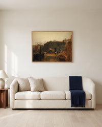Saltash with the Water Ferry by J. M. W. Turner framed in natural oak above a cream sofa in a warm living room