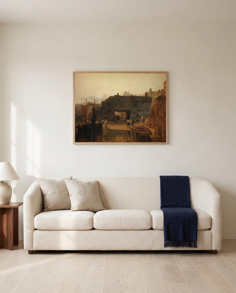Saltash with the Water Ferry by J. M. W. Turner framed in natural oak above a cream sofa in a warm living room