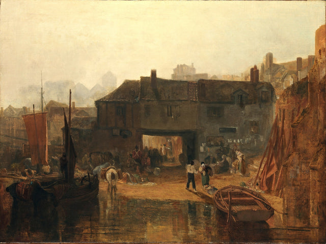 Saltash with the Water Ferry by Turner: an inn at a ferry landing, boats, horses and people on the waterfront in warm light