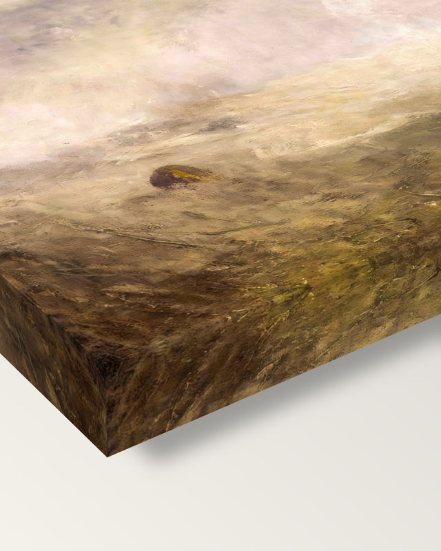 Seascape with Buoy by J. M. W. Turner on stretched canvas, corner close-up: the painting mirror-wrapped round the sides