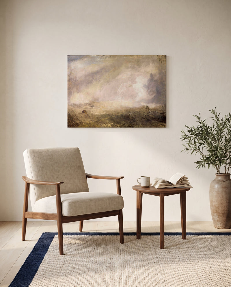 Seascape with Buoy by J. M. W. Turner as a stretched canvas above a linen lounge chair in a reading corner