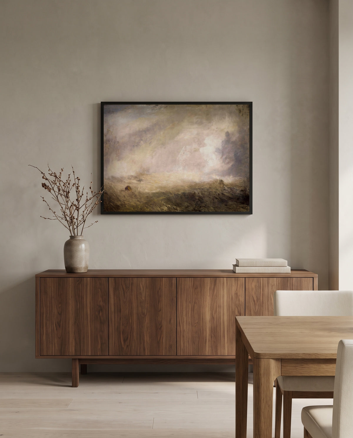 Seascape with Buoy by J. M. W. Turner in a black frame above a walnut sideboard in a dining room