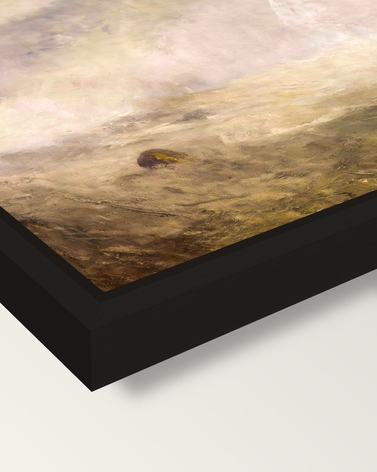 Seascape with Buoy by Turner framed canvas, corner close-up: a black floating frame with a shadow gap round the canvas