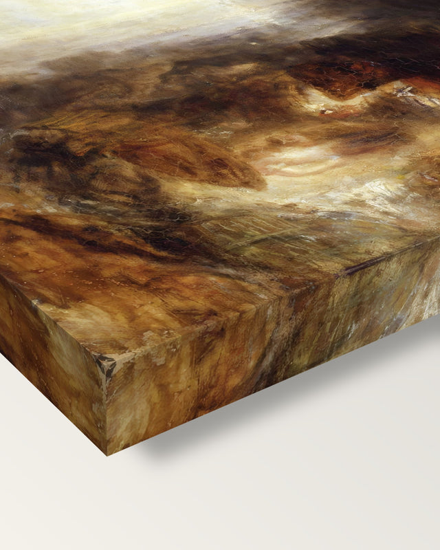 Shade and Darkness by J. M. W. Turner on stretched canvas, corner close-up: the painting mirror-wrapped round the sides