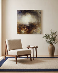 Shade and Darkness by J. M. W. Turner as a stretched canvas above a linen lounge chair in a reading corner