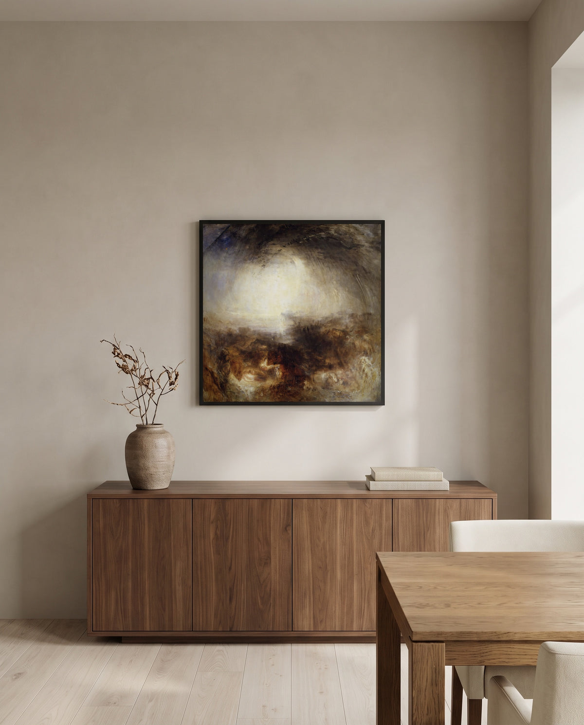 Shade and Darkness by J. M. W. Turner in a black frame above a walnut sideboard in a dining room
