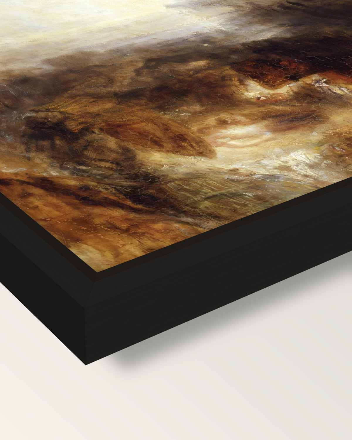 Shade and Darkness by Turner framed canvas, corner close-up: a black floating frame with a shadow gap round the canvas