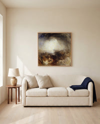 Shade and Darkness by J. M. W. Turner framed in natural oak above a cream sofa in a warm living room