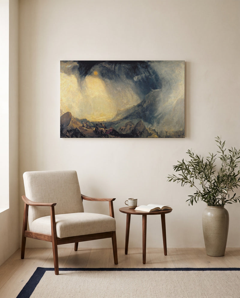 Snow Storm: Hannibal by J. M. W. Turner as a stretched canvas above a linen lounge chair in a reading corner