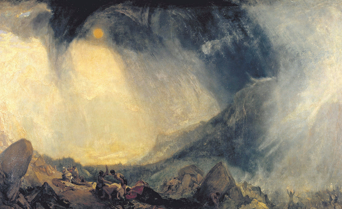 Snow Storm: Hannibal by J. M. W. Turner: a dark storm curling like a wave over mountains, a pale orange sun, tiny figures