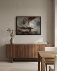Snow Storm: Steam-Boat by J. M. W. Turner in a black frame above a walnut sideboard in a dining room