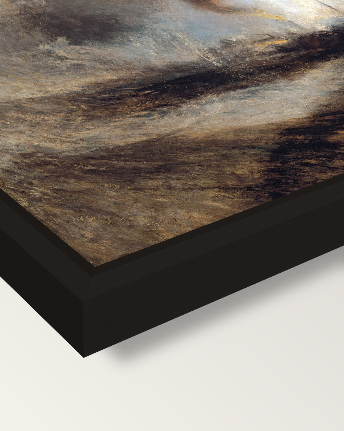 Snow Storm: Steam-Boat by Turner framed canvas, corner close-up: a black floating frame with a shadow gap round the canvas