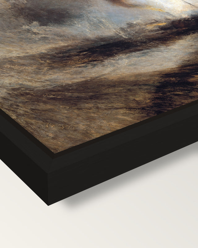 Snow Storm: Steam-Boat by Turner framed canvas, corner close-up: a black floating frame with a shadow gap round the canvas