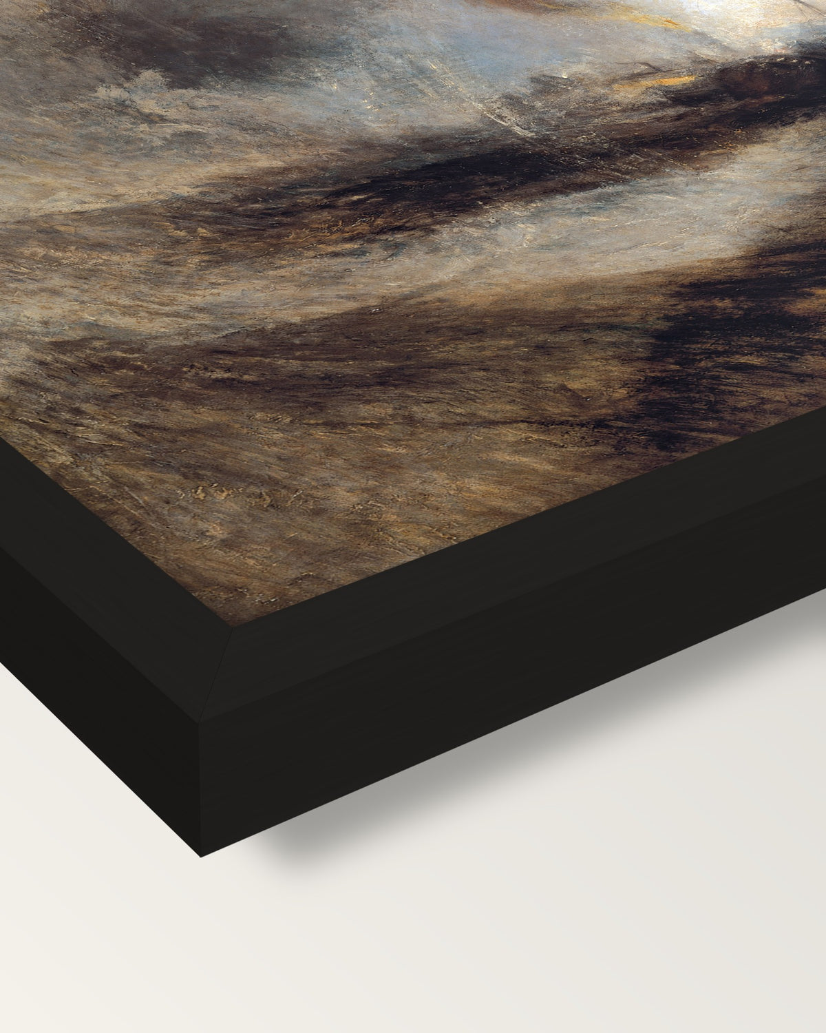 Snow Storm: Steam-Boat by Turner framed print, corner close-up: black moulding, mitred, the print set just below its edge