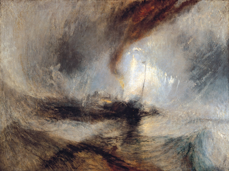 Snow Storm by Turner: a dark steamboat mast at the centre of a swirling vortex of snow, sea spray and smoke