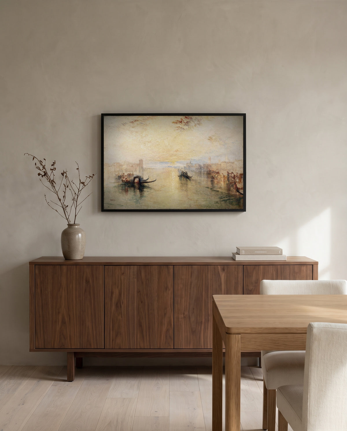 St Benedetto, Venice by J. M. W. Turner in a black frame above a walnut sideboard in a dining room