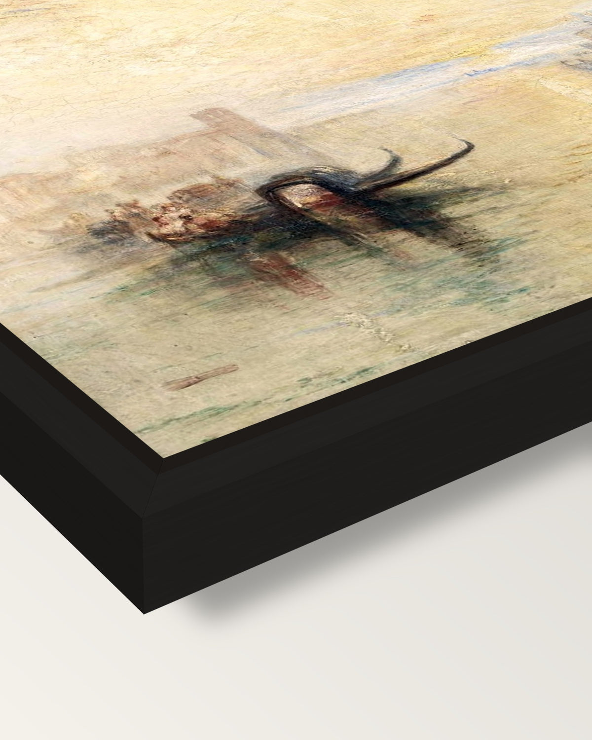 St Benedetto, Venice by Turner framed canvas, corner close-up: a black floating frame with a shadow gap round the canvas